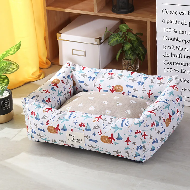 

Dog Beds Print Pet Nest Warm Washable Canvas Square Cat Dog Bed for Small Large Dogs House Pet Kennel Winter Bed Sofa LYQ01