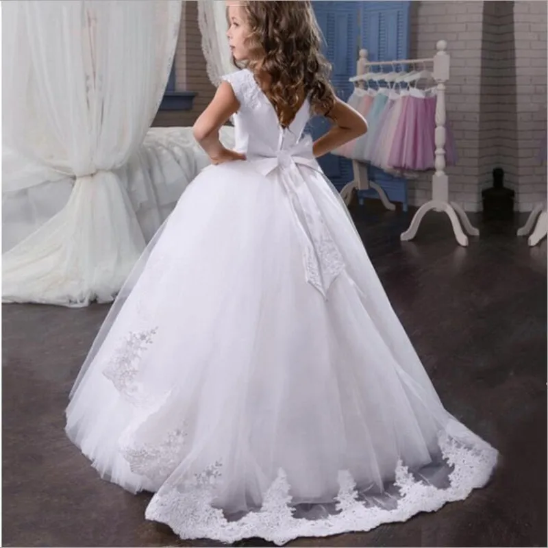 Кружевное платье принцессы с цветочным узором для первого причастия для девочек; свадебное платье для малышей; Вечернее Длинное Элегантное праздничное платье; костюм; детское платье для девочек