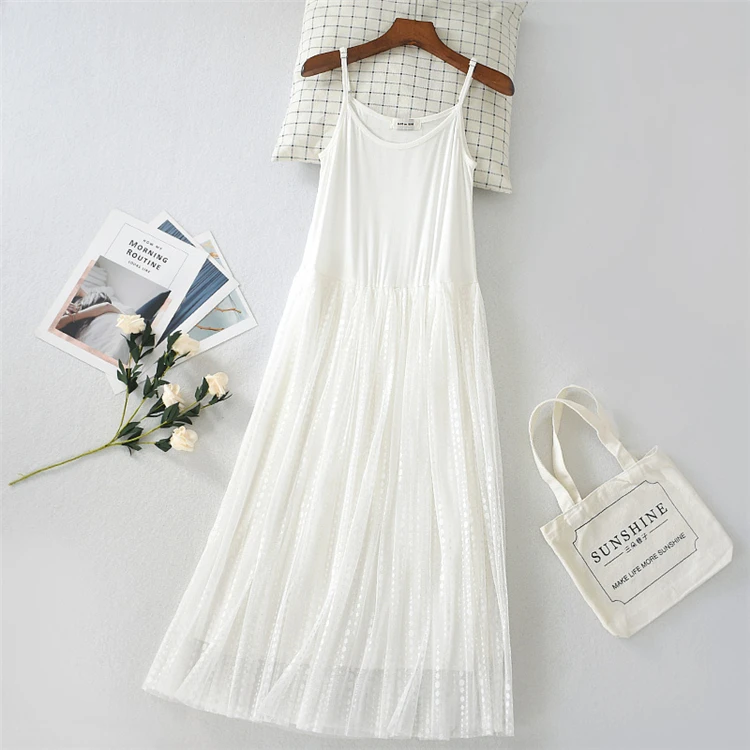 Polka dot three layer mesh lace slip dress modal stitching spaghetti strap camisole top bottom skirt autumn petticoat underskirt