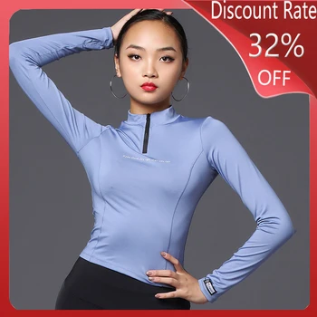 

New Female Latin Dance Costumes Practice Clothes Autumn And Winter Long-Sleeved High Collar Zipper Shirt Fitness Clothes DQS3475