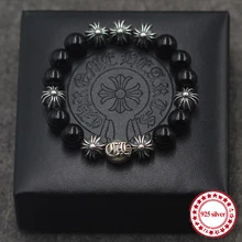 S925 Стерлинговое Серебро обсидиан, мужские браслеты, Индивидуальная Классическая мода, серия, крест, буквы, моделирование, бусины, подарок для влюбленных