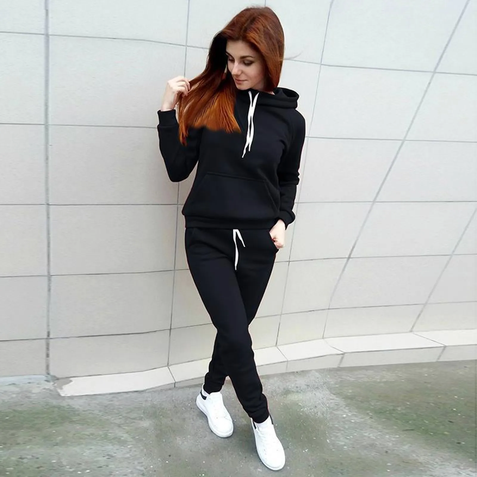 Women Two Piece Set Casual Solid Pocket Drawstring Hoodies Top + Sweatpants Sets Autumn Winter Female Tracksuits Sportwear 1