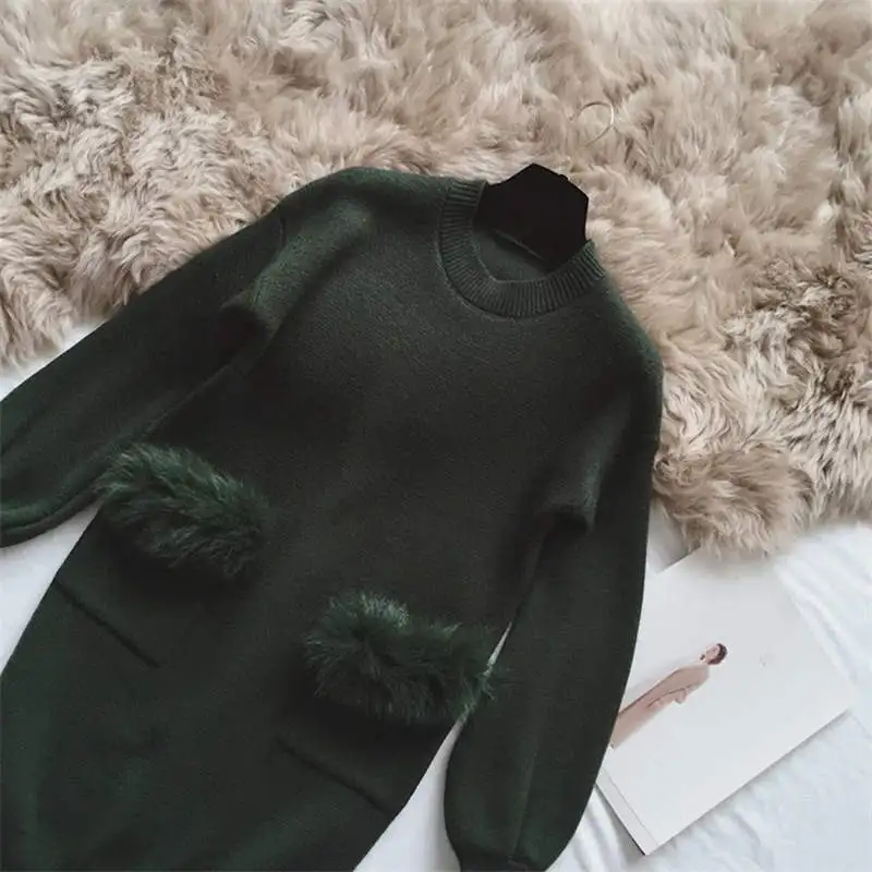 Neploe Pull Femme, осенне-зимний свитер с длинным рукавом, платье из искусственного меха с карманами, вязаный пуловер, повседневный джемпер с круглым вырезом, 36300