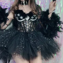 Модные прозрачные стразы, черное перо, длинный рукав, боди, юбка, комплект одежды, праздничный наряд, бар, Женский танцевальный комплект