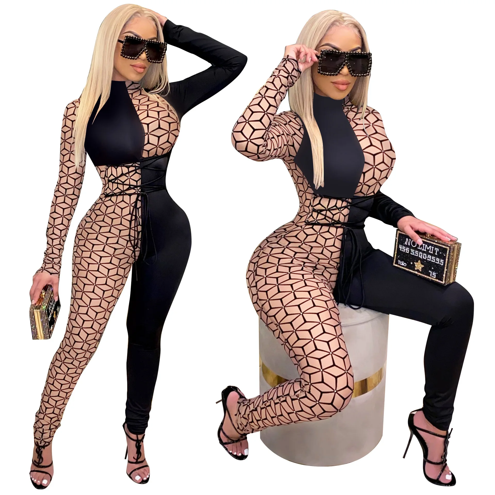 

Undefined Overalls Plaid Pattern Patchwork Tie Criss-Cross Lace-Up Sashes Stand Collar Long Sleeves Jumpsuit Women Clothing