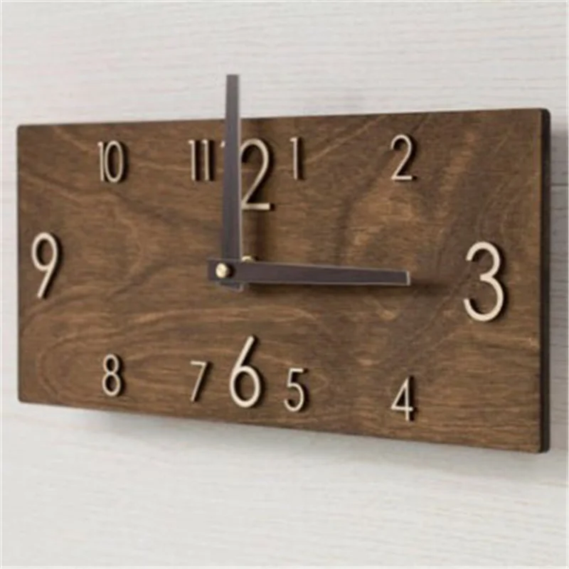 RectangularWoodenWallClock3DBigHangingClocksRetroCreativeHome