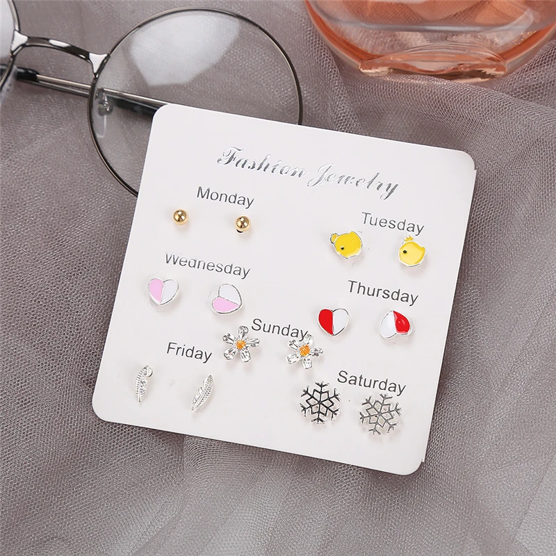 7 Pairs / Set Earrings for Women Cute Stud Earring Heart Flowers Geometry Monday To Sunday Fashion Jewelry Gifts | Украшения и