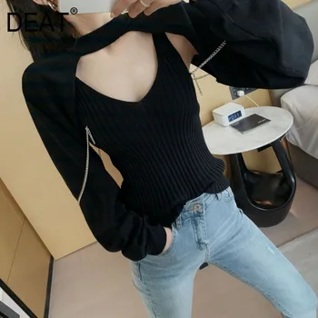 

[DEAT] 2020 New Fashion Korean Women's Knit Sweater Full Sleeve V Collar Digging The Chest With Chain Sexy Slim Fit Cloth AP388