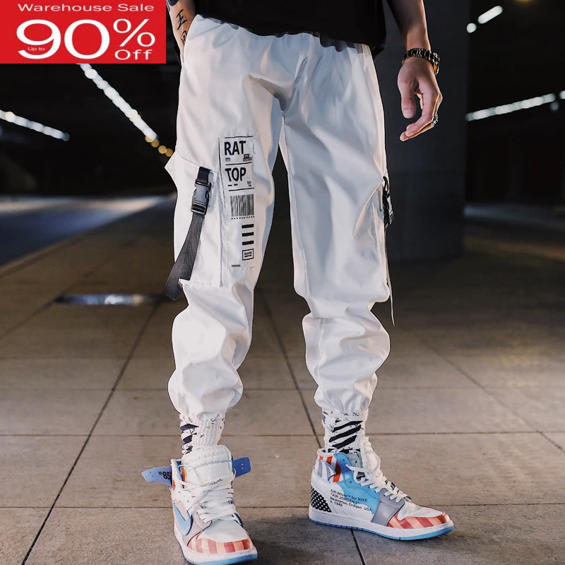 

Men cargo 2020 new arrival spring and autumn hip hop loose pockets male ankle-length pants black white Korean style n02