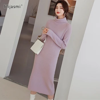 

Women's Double Collar Knit Dress 100% Cashmere Long Dress Double Turtleneck Raglan Sleeve Dress Simple Slim Long Sweater Dress