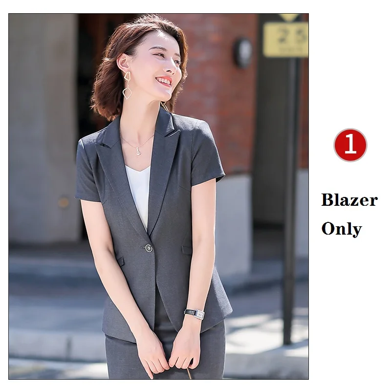Grey Blazer Only Летние Формальные женские брюки Костюмы Серый блейзер и куртка наборы для женщин Рабочая одежда бизнес одежда с коротким рукавом - Цвет: Grey Blazer Only