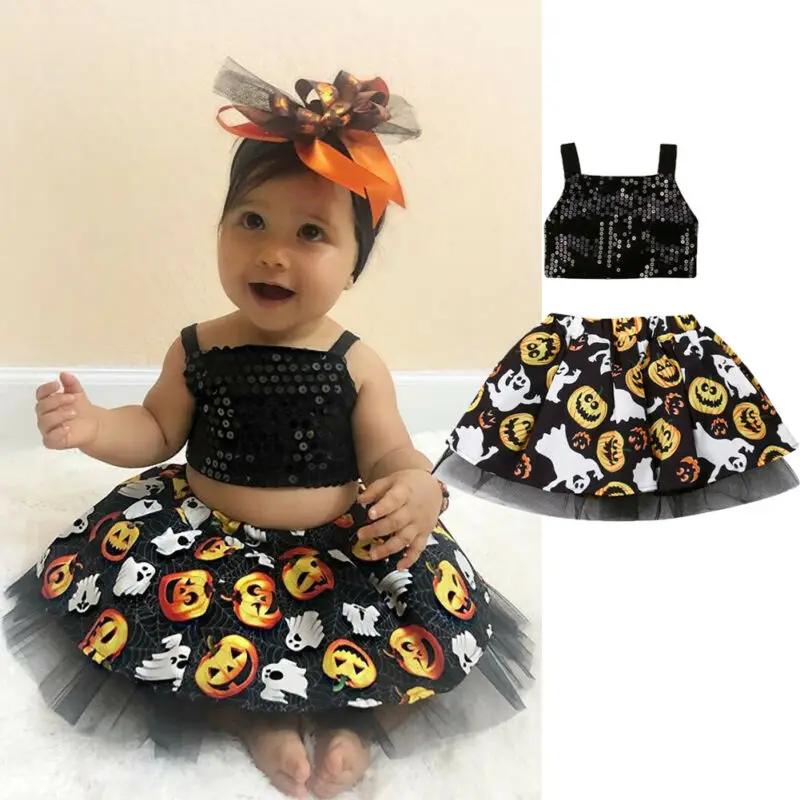 

Baby Girls Halloween Costumes Sleeveless Sequin Crop Top T-Shirt Pumpkin Skirts Halloween Outfits 0-24M