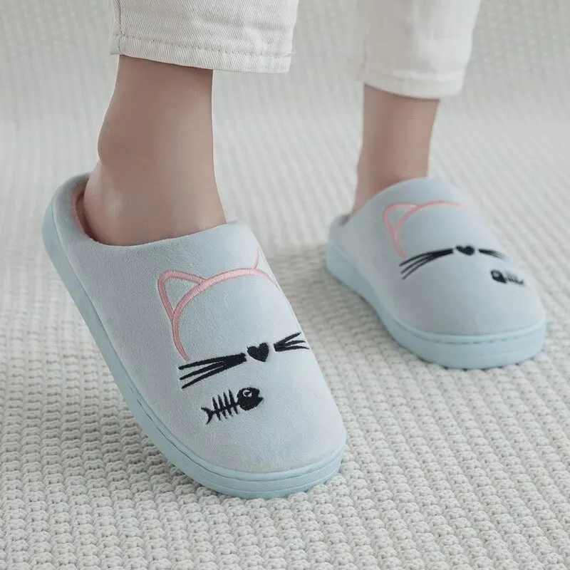 Women Winter Home Slippers Cartoon Cat Shoes Non-slip Soft Warm House Slippers Indoor Bedroom Lovers Couples Shoes - Цвет: Light Blue