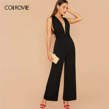 

COLROVIE Black Multi Way Open Back Wide Leg Jumpsuit High Waist Solid Jumpsuits Women 2020 Spring Backless Halter Sexy Jumpsuits
