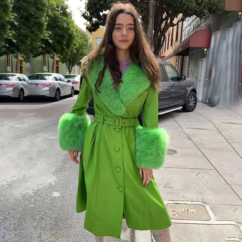 New Fashion Green Long Sleeve PU Leather Sexy V Neck Button Design Coat High Quality Women Winter Casual Coat Wholesale