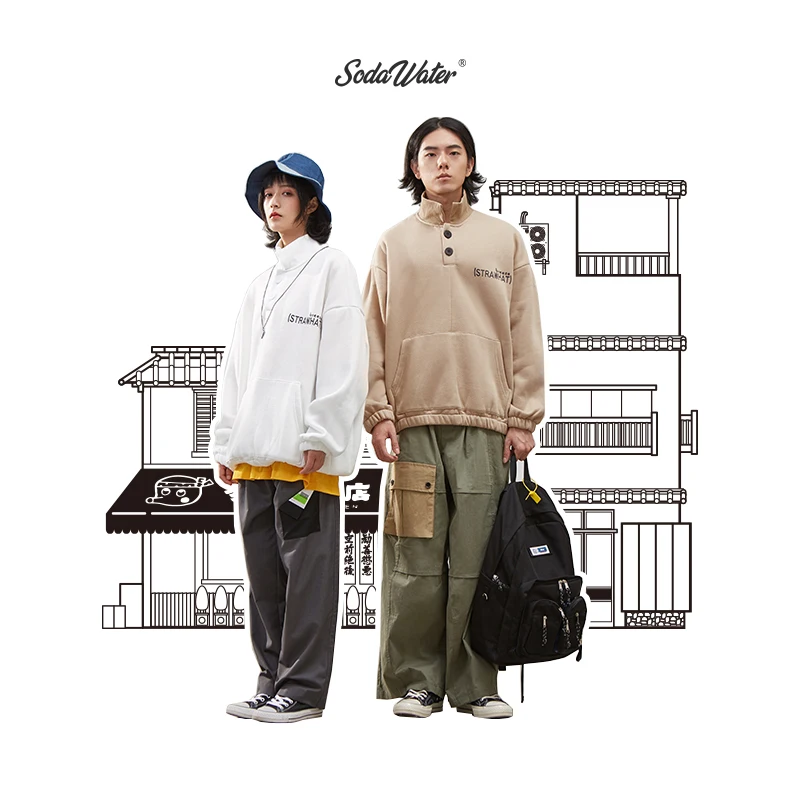 

SODAWATER Men Retro Print Sweatshirt 2019 FW Streetwear Oversize Couple Sweatshirt With Pocket Harajuku Stand Collar Top 94409WS