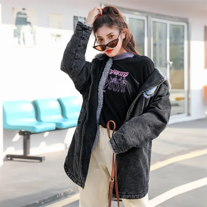 

Street Cool plus Velvet Lambs Wool Jeans Coat Women's 2019 Winter New Style Korean-style Hooded Loose Women's Cotton-padded Clot