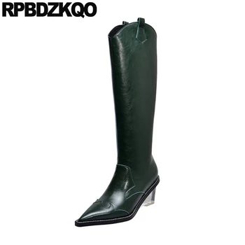 

high heel wedge women cowgirl green knee genuine leather shoes luxury long pointed toe western boots cowboy real tall wide calf