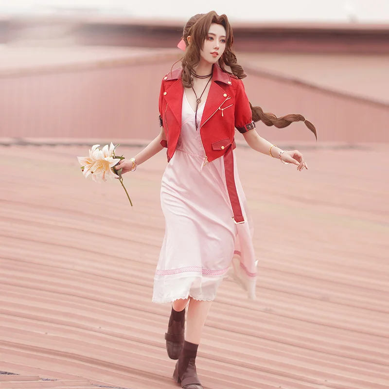 

Final Fantasy VII Aerith Gainsborough Cosplay Costume Game FF7 Aerith Red Jacket Pink Dress Fancy Clothing Halloween Uniforms