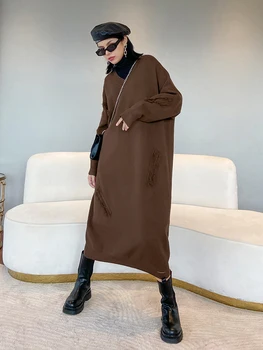 

SuperAen Solid V-neck Knitted Dress Women's Autumn and Winter Full Plus Size Slim Fashion Long Sweater Bottomed