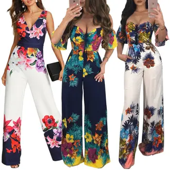 

1PC Ladies Floral wide legs Bodycon Jumpsuit V-neck Romper Trousers Clubwear Chiffon Cool Women Floral Beach V neck Bandage