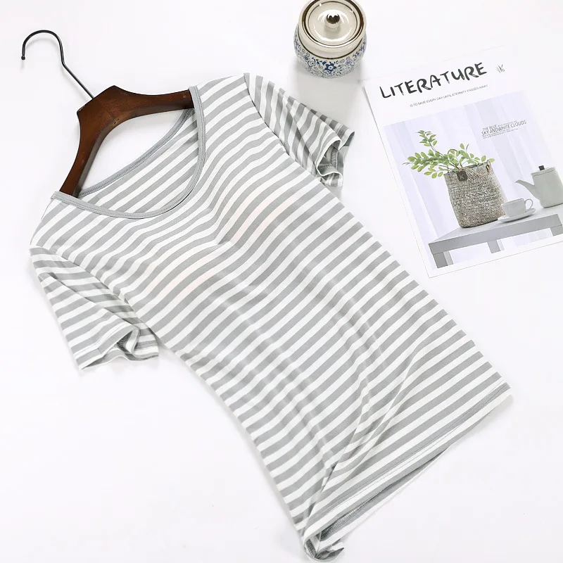 1 PCS Bh Padded Nachtwäsche Tops Casual Schlaf Pyjamas Für Frauen Mode Gestreiften Baumwolle Basis Shirt Damen Bodenbildung Nachtwäsche – Detail 2
