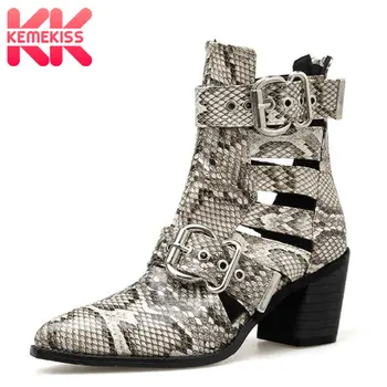 

KemeKiss Snakeskin Pattern Women Ankle Boots Fashion Buckle Thick Heel Retro Women Shoes Pointed Toe Female Footwear Size 35-42
