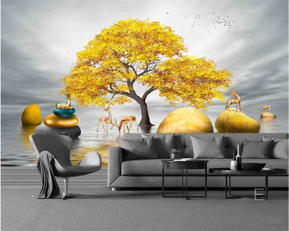 beibehang Customize the new new Chinese golden tree elk landscape stone to run the background papel de parede wallpaper the golden stone saga i activity book рабочая тетрадь