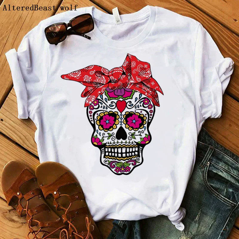 

Summer T-shirt Women Harajuku Fashion Sugar Skull Red Bandana print Tshirt Mom Funny Harajuku Mama Female O-neck T Shirt 2020