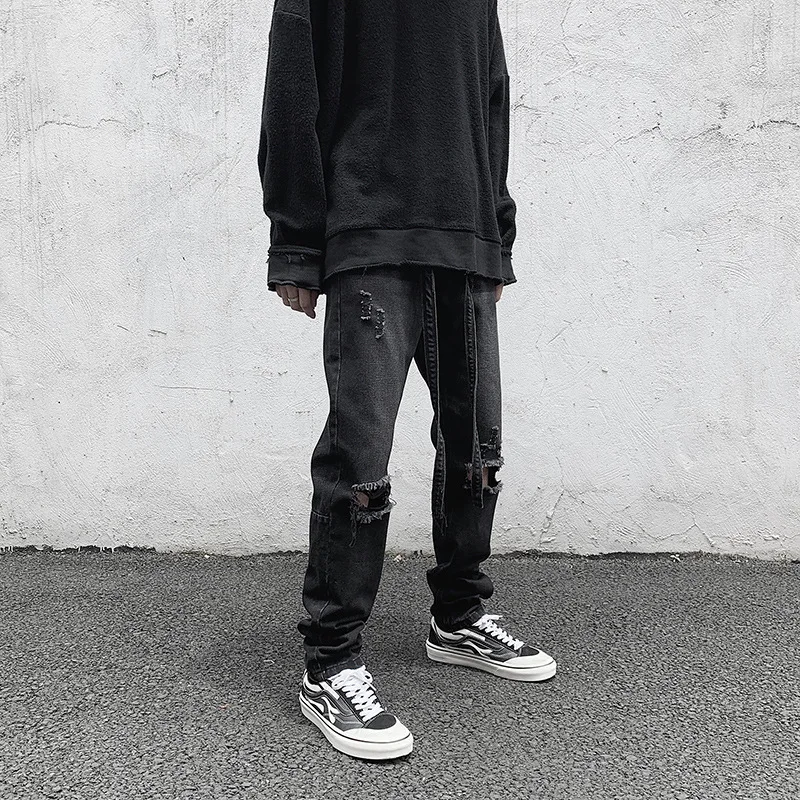 ICCLEK Retro Washed Ripped Jeans 2021 European and American High Street Jeans Fashion Trousers Black Jeans  Straight Leg Jeans