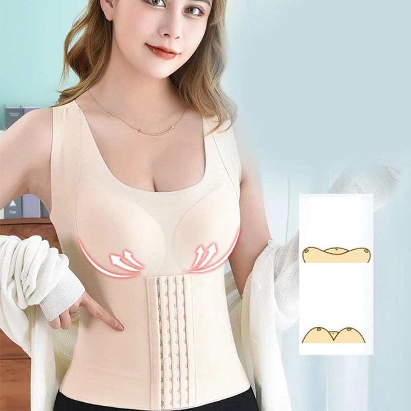 Women 4-In-1 Seanless Front Buckle Bra Wireless Push Up Padded Posture Corrector Tank Top Girdle Body Shaper Cross Back