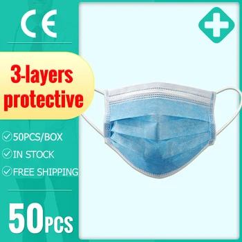 

50pcs 3-layer disposable masks protective mask face mask non-woven anti-dust meltblown cloth mask feature Adult Earloop masks