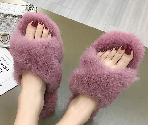 

Women's House Slippers Casual Open Toe Fluffy Faux Fur Slippers Anti-Slip Bedroom Shoes