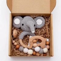 1set Baby Rattle Wooden Crochet Elephant Bells Music Teething Bracelet Pacifier Dummy Clips Gym Play Rodent Baby Products Toy 1