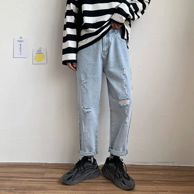 

Korean Straight Jeans Men's Fashion Retro Casual Ripped Jeans Men Streetwear Wild Loose Hip Hop Hole Denim Pants Mens S-2XL