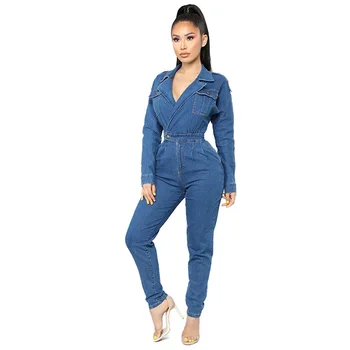 

Women Deep V Neck Long Sleeve Denim Jumpsuits