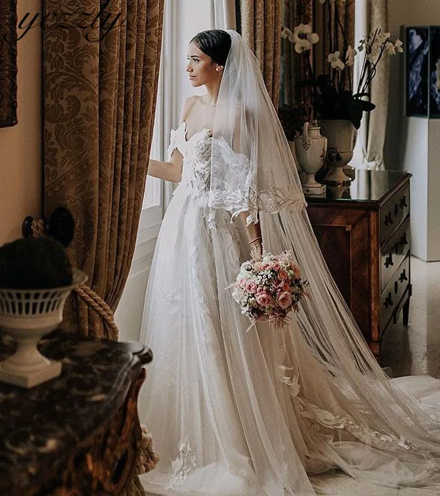 Abito Da Sposa сексуальные с открытыми плечами А-силуэта длинные кружевные накладные орнаменты пляжные свадебные платья большого размера платье невесты Y20