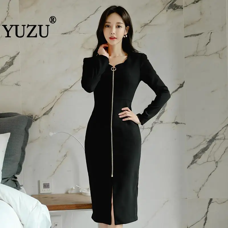 

Black Zipper Dress Women Sexy Deep V Neck Long Sleeve High Split Slim Xs Bodycon Party Dinner Dresses Korean Casual Dress