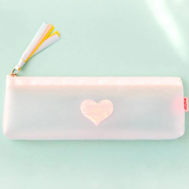 1PC Fashion Portable Mini Translucent Heart Tassel Pencil Case Pen Bag Multi Function Zipper Pencil Holder Bag Gift Stationery