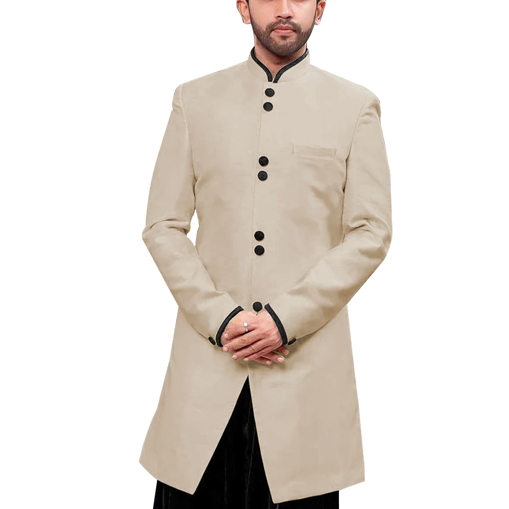Традиционный мужской пиджак с воротником-стойкой, скромный длинный пиджак с воротником-стойкой, индийский официальный пиджак для торжественных мероприятий, свадебная верхняя одежда для жениха - Цвет: Бежевый