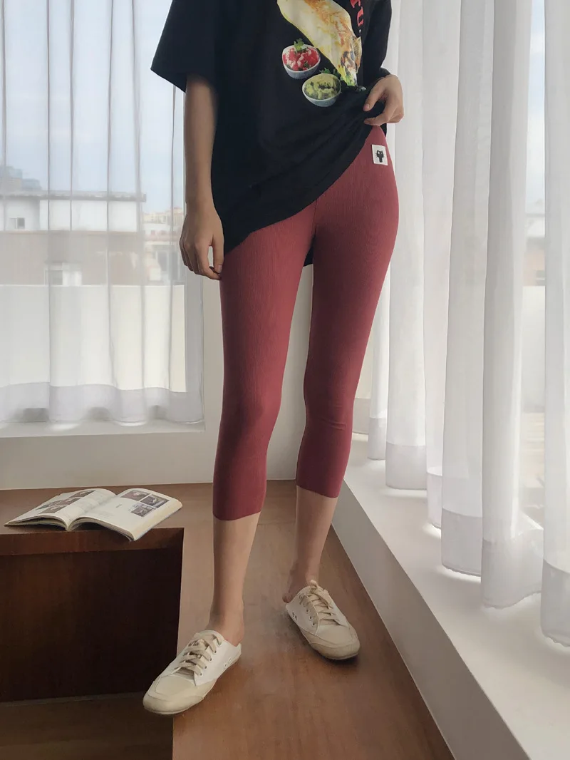 Skinny Solid Color Cropped Trousers Cat Pattern Super Soft Outdoor Leisure Sports Pants For Women Cotton Leggings F5A137