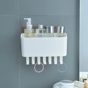 

Plastic Makeup Organizer With Hook Absorption Wall Traceless Storage Rack Multifunctional Asphalt Storage Box Bathroom Organizer