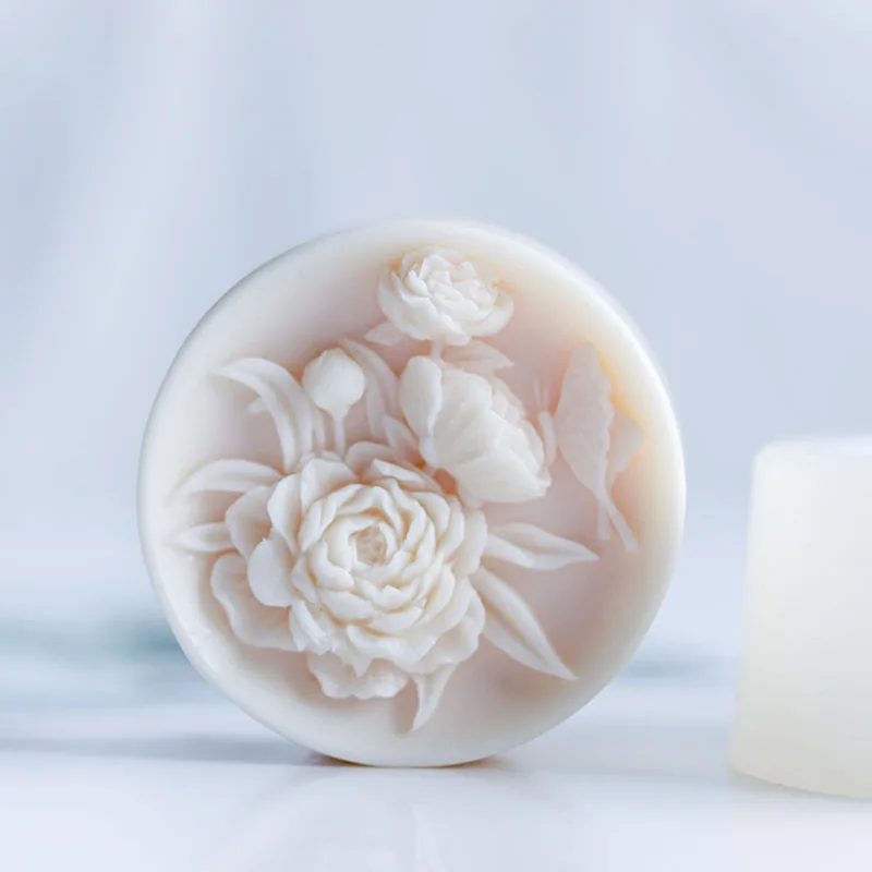 Round Shape Handmade Soap Silicone Mold Peony Rose Flowers Soap Making Molds