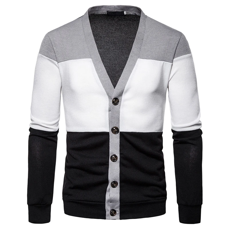 

SHUJIN 2019 New Men's Knitted Sweater Casual Patchwork Jacket Three-color Stitching Deep V Cardigan Men's Knitted Sweater