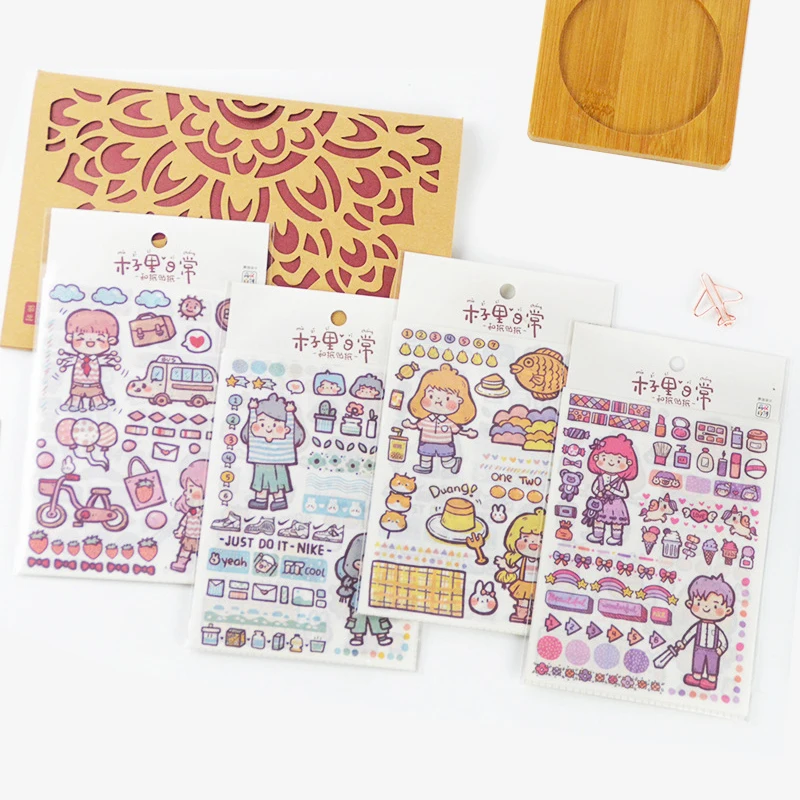 Mohamm 4 Sheets Cute Character Series Decorative Sticker Books Scrapbooking DIY Note Paper Sticker Flakes Stationary Art Supplie afbeelding
