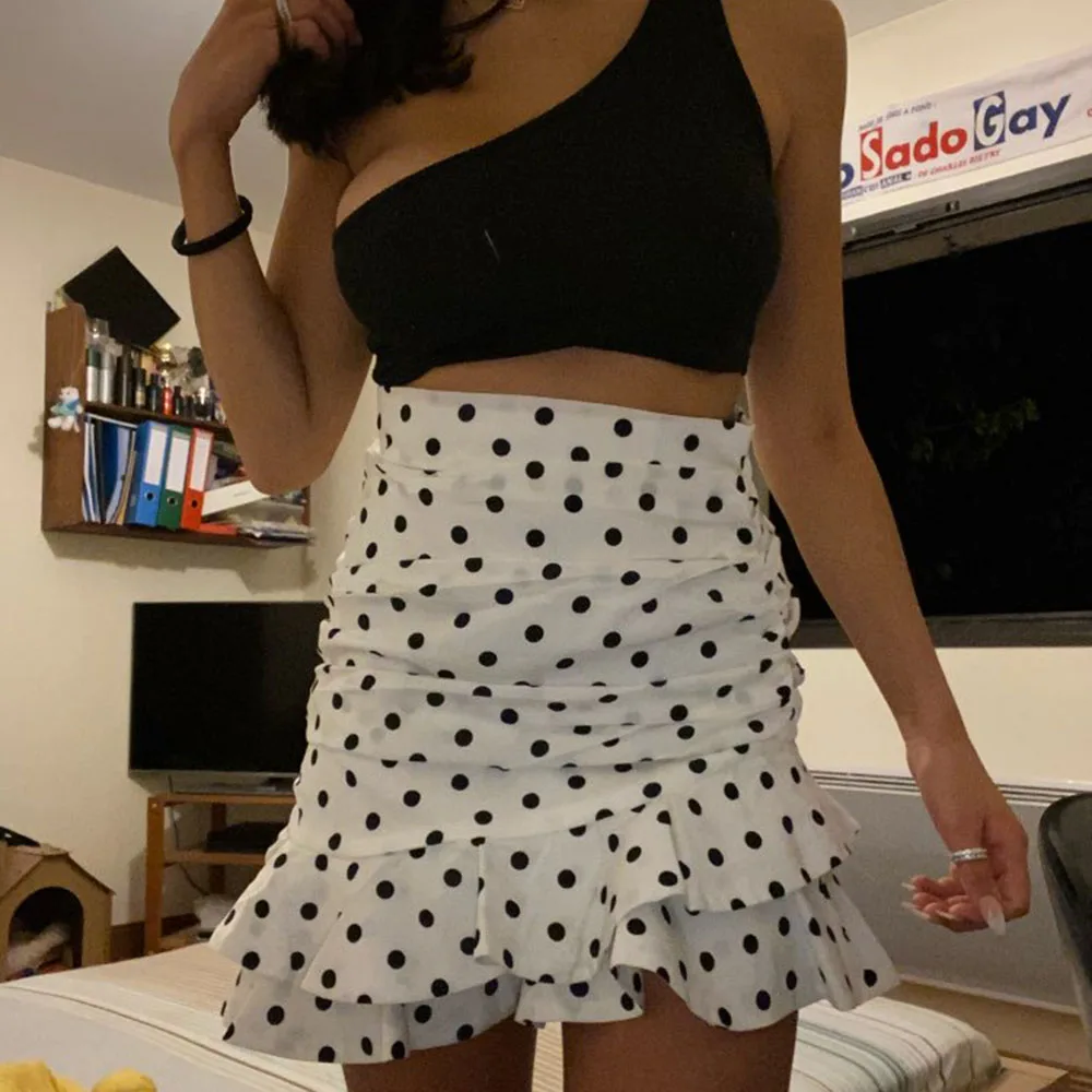 Minifalda asimétrica fruncida para mujer, falda elegante con dibujo de lunares, moda informal, Jupe, 2019
