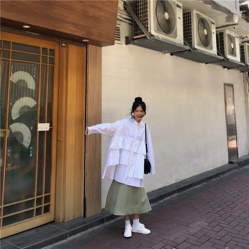 Korean Fashion Women Blouse 2020 Spring Summer Long Sleeve Fake Two Piece Patchwork Pullover Loose White Shirts Female Tops