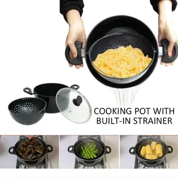 

2-in-1 Cooking Pot With Swivel Strainer Not Sticky Practical Cooking Pot For Kitchen Drain Pasta Vegetables Cooking Pot