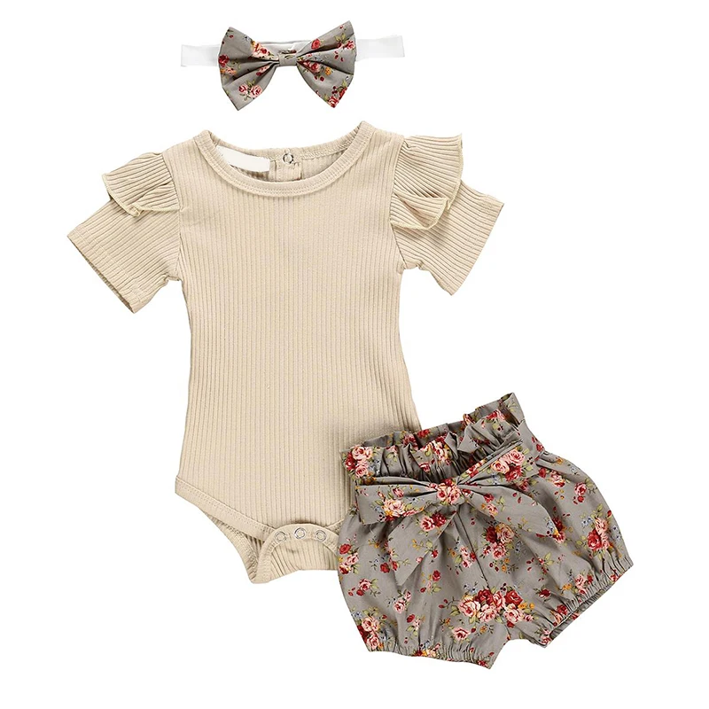 

Children Girl Short Sleeve Round Collar Jumpsuit Floral Shorts Headband Outfits 998