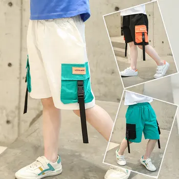 

2020 Summer Children Cargo Shorts With Pocket Kids Boy Beach Short Pants Teens Boy Cotton Casual Shorts Green Beige Black Color
